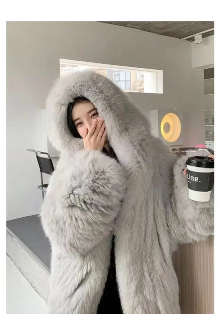 Imitation fox fur women's 2024 winter new style hooded loose slimming fur coat trendy street internet celebrity same style