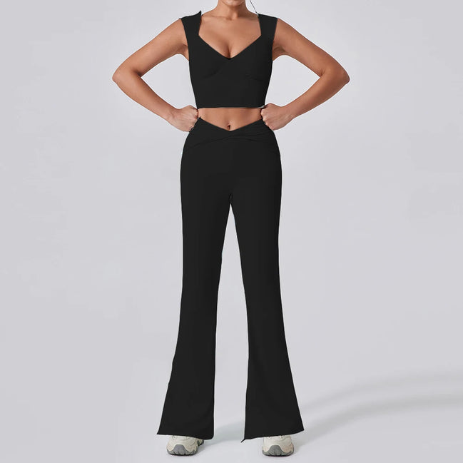 2PCS Women Yoga Set Workout Pant Outfits Fitness Sportswear Gym Tracksuit High Waist Flare Leggings Sports Bra Athletic Wear