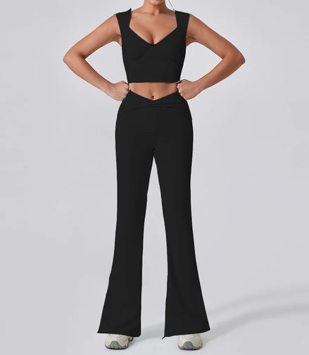 2PCS Women Yoga Set Workout Pant Outfits Fitness Sportswear Gym Tracksuit High Waist Flare Leggings Sports Bra Athletic Wear