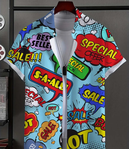 Men's Shirt Fashion Novel Graphic Tops Button Up Shirt Casual New Unisex Shirt Vacation Lapel Short Sleeves Shirt Graffiti Art