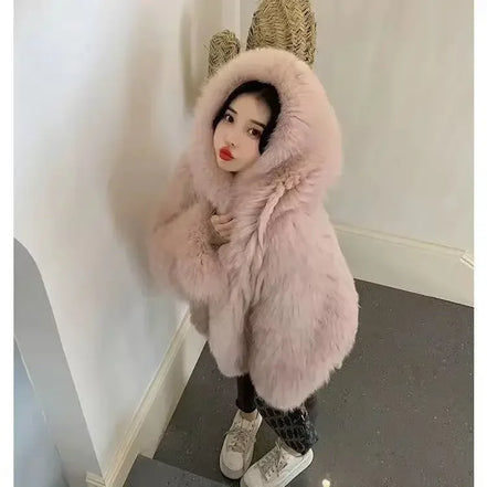 Imitation fox fur women's 2024 winter new style hooded loose slimming fur coat trendy street internet celebrity same style
