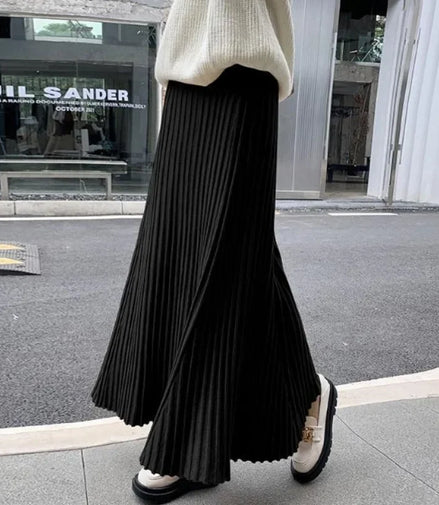 Knitted midi skirt women's A-line skirt high waist wide span mid length skirt