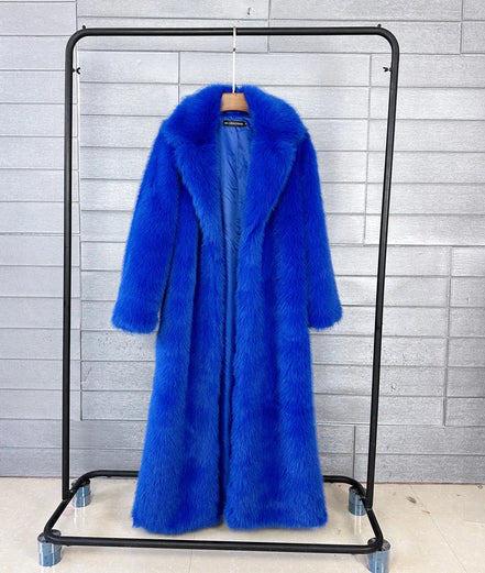 Long Faux Fur Coat Women Autumn Winter Large Jacket Overcoat White Turn Down Collar Pockets Thick Coat Warm Jackets Maxi Coats