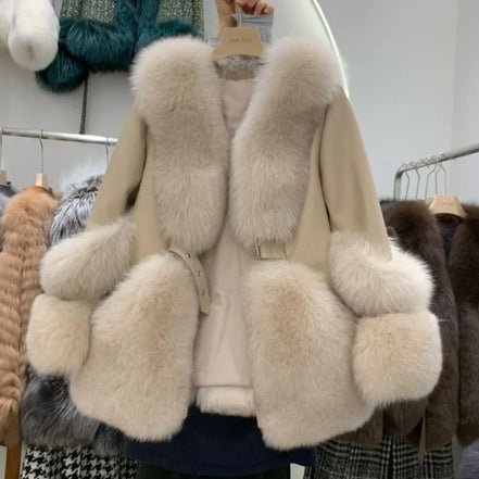 ZDFURS*Fox Fur Fur Coat Women's Mid-Length 2025  New Whole Leather Sheepskin Coat Fashionable Winter Slimming