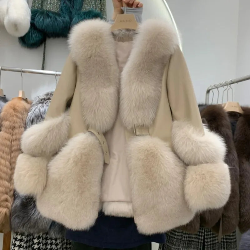 ZDFURS*Fox Fur Fur Coat Women's Mid-Length 2025  New Whole Leather Sheepskin Coat Fashionable Winter Slimming