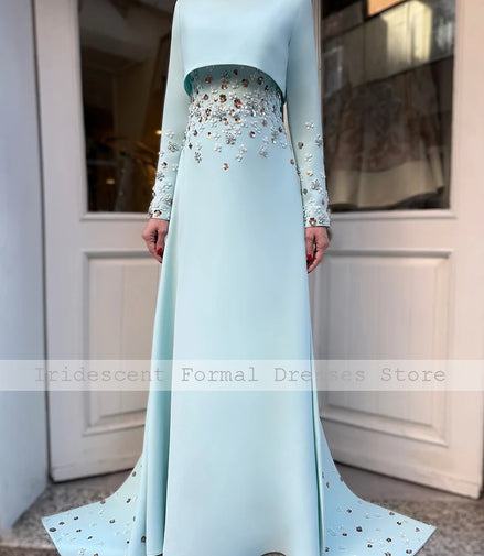 Modern Evening Dresses for Women O Neck Beading Full Sleeves Elegant Evening Gowns Long Draped A Line Luxury Formal Party Dress
