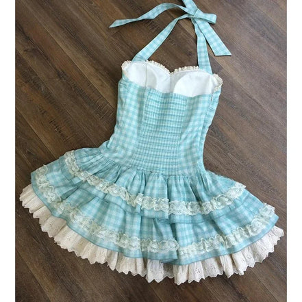 French Style Sweet Halter Dresses for Women Red Plaid Retro Princess Vestidos Mujer Summer Lolita Kawaii Elegant Party Dress