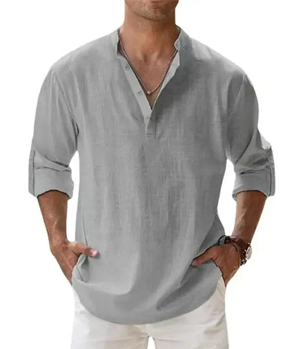 Streetwear Men Lightweight Shirts Long Sleeve Henley Cotton Linen Shirts for Men Beach Hawaiian Shirts Breathable Collar Tshirts