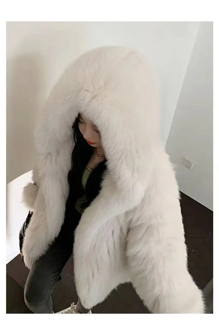 Imitation fox fur women's 2024 winter new style hooded loose slimming fur coat trendy street internet celebrity same style
