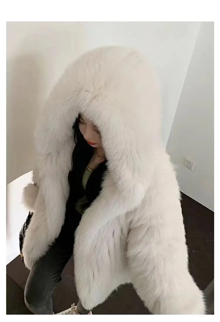 Imitation fox fur women's 2024 winter new style hooded loose slimming fur coat trendy street internet celebrity same style