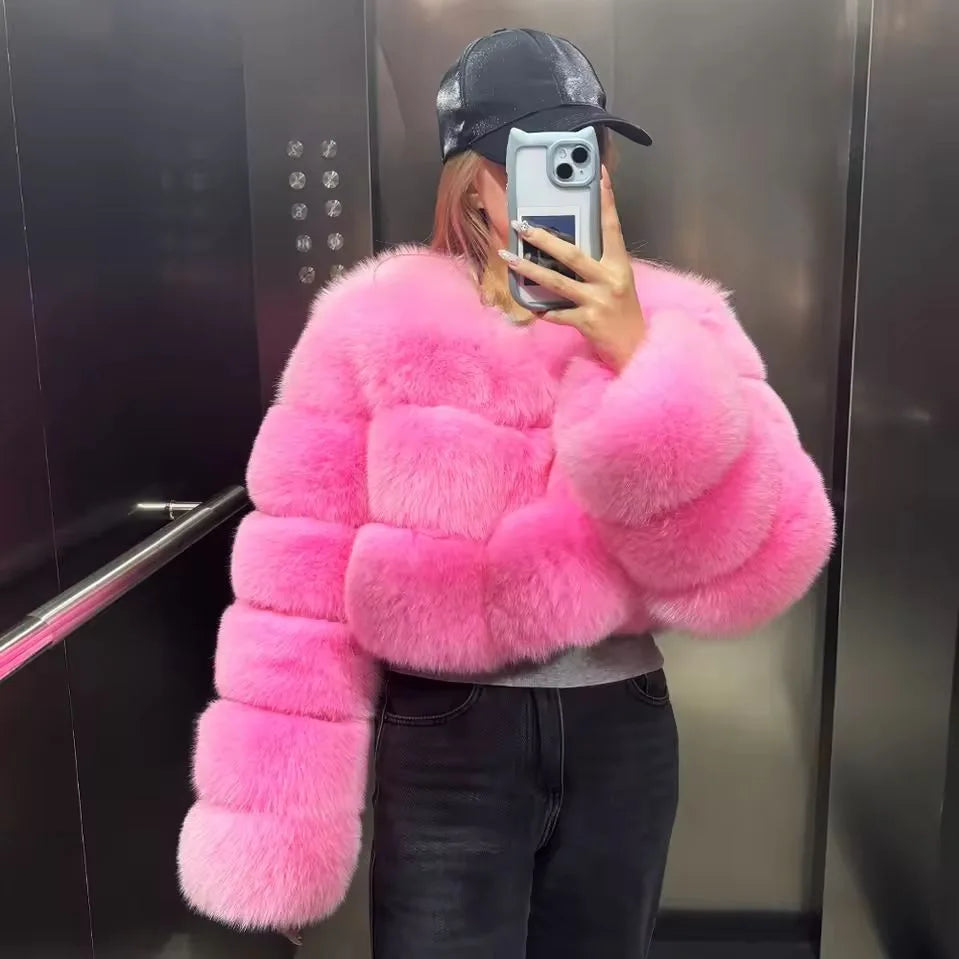 Women Faux Fox Fur Coat Solid Short Jacket V Neck Solid Long Sleeve Thick Warm Fur Office Lady Elegant Casual 2025 Autumn Winter