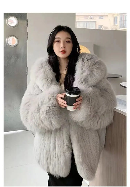 Imitation fox fur women's 2024 winter new style hooded loose slimming fur coat trendy street internet celebrity same style