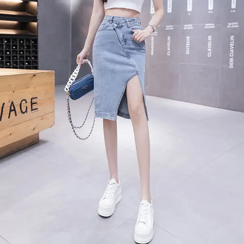 Jeans Skirts for Women Mini High Waist with Slit Midi Short To Knees Length Woman Denim Skirt V Modest Stylish A Line Casual