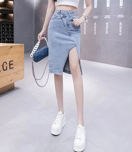 Jeans Skirts for Women Mini High Waist with Slit Midi Short To Knees Length Woman Denim Skirt V Modest Stylish A Line Casual