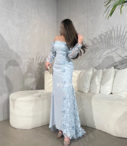 Customized Exquisite Jersey Applique Sequined Flower Handmade Flower Straight Off-the-shoulder Long Dresses Cocktail Dresses Sim