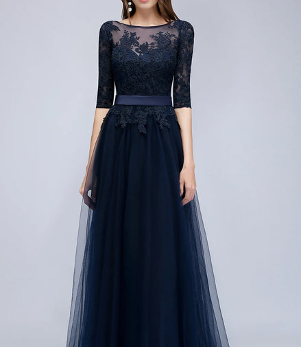 Lace Scoop Neckline Evening Dresses Elegant Half Sleeve Appliques Tulle Formal Party Floor-length Backless With Belt Robe De