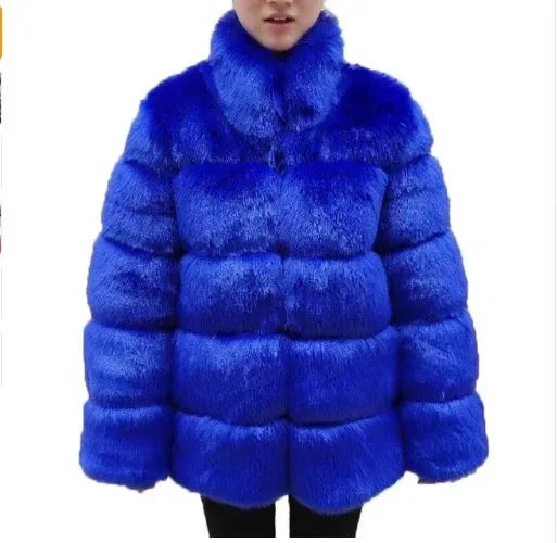 Women Faux Fur Fox Coats Short Coat Stand Collar Slim Fit Full Sleeve Elegant Splice Autumn Winter Thick Warm Open Stitch