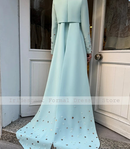 Modern Evening Dresses for Women O Neck Beading Full Sleeves Elegant Evening Gowns Long Draped A Line Luxury Formal Party Dress