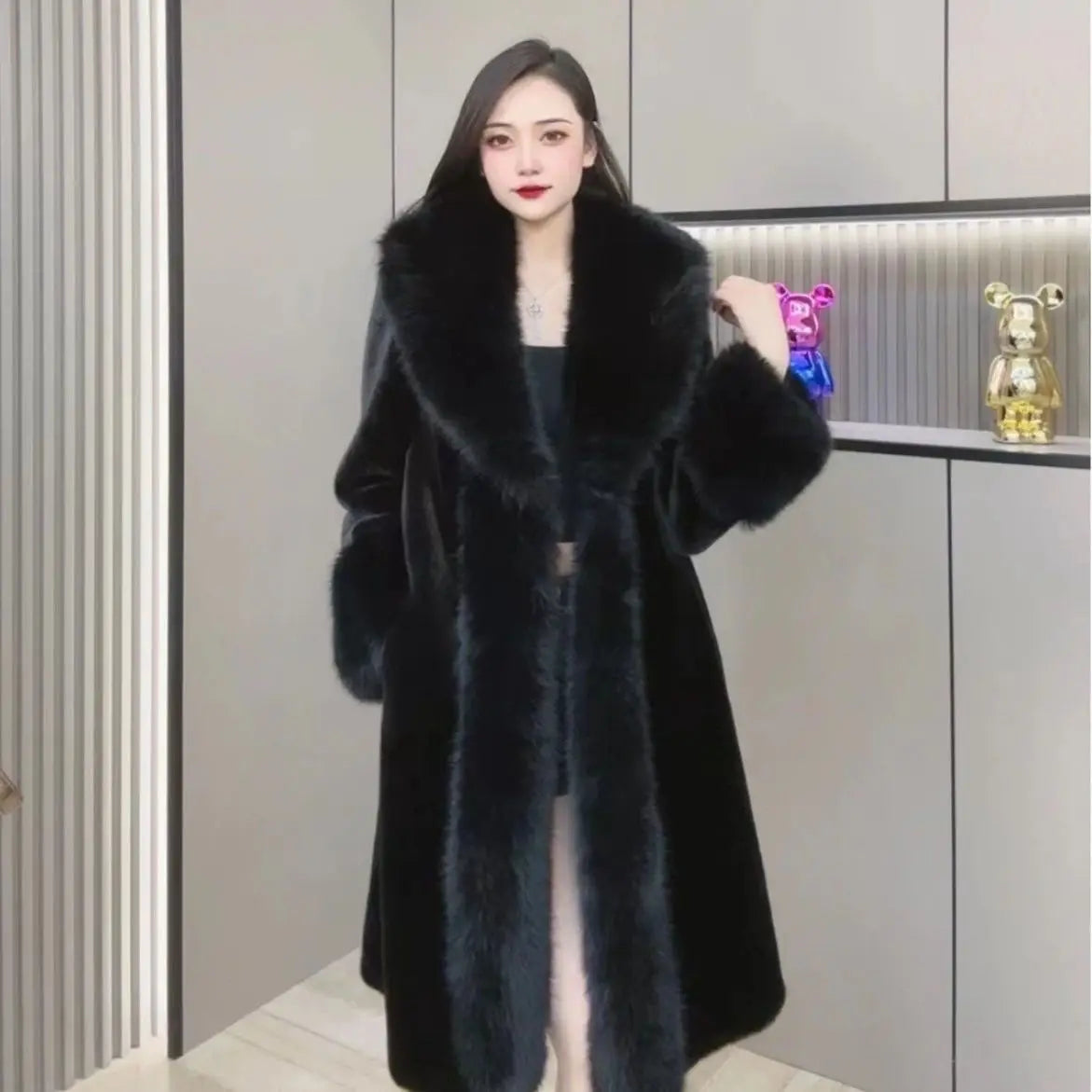 Faux Fur Coats Women Long Coat Thick Warm Turn Down Collar Open Stitch Spring Outerwear Jackets Elegant Splice Autumn Winter