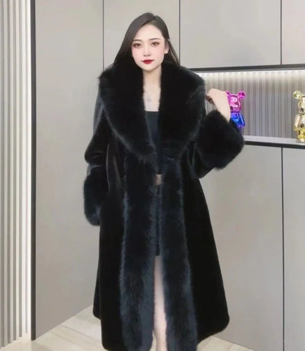 Faux Fur Coats Women Long Coat Thick Warm Turn Down Collar Open Stitch Spring Outerwear Jackets Elegant Splice Autumn Winter