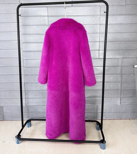 Long Faux Fur Coat Women Autumn Winter Large Jacket Overcoat White Turn Down Collar Pockets Thick Coat Warm Jackets Maxi Coats