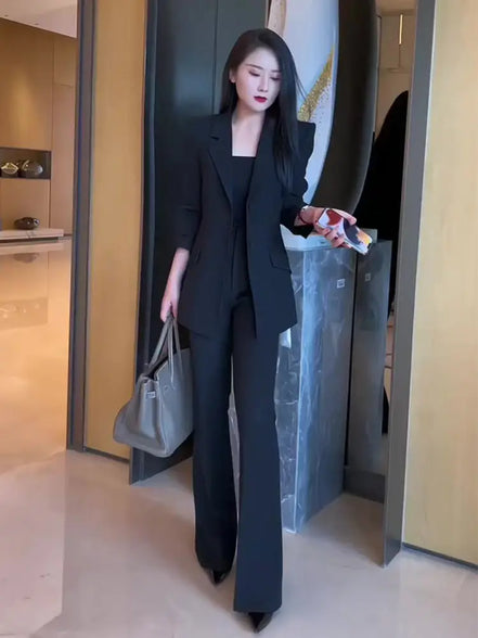 Blazer and Pant Sets for Women 2 Pieces Wear To Work Suits Autumn Winter Trousers Woman Office Professional Black Casual Elegant