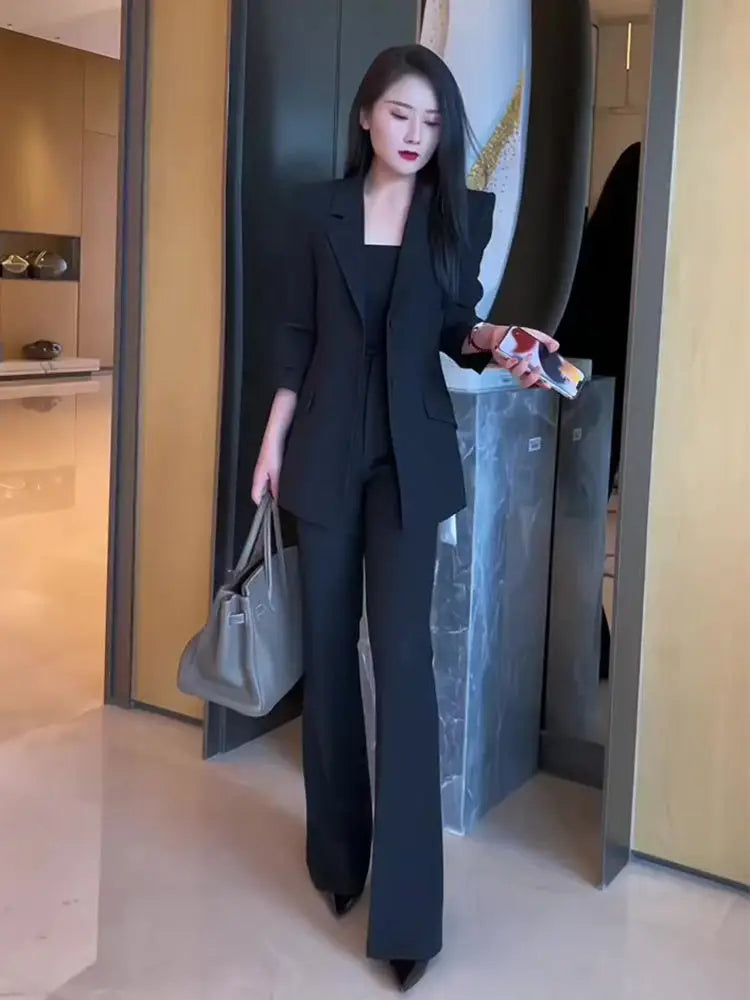 Blazer and Pant Sets for Women 2 Pieces Wear To Work Suits Autumn Winter Trousers Woman Office Professional Black Casual Elegant