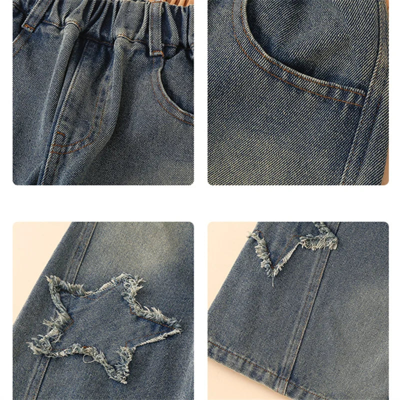 High Waist Jeans Girl Straight Loose Wide-leg Pants Spring and Autumn Korean Vintage Jeans Fashion Kids Denim Trousers For Teens