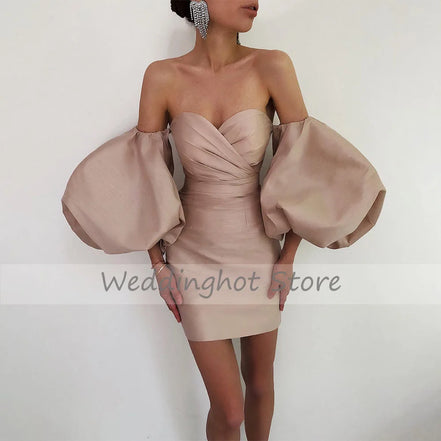 Dusty Pink Satin Evening Party Dresses Detachable Puff Sleeves Sweetheart Pleats Short Prom Gowns 2021 Modern vestidos de fiesta