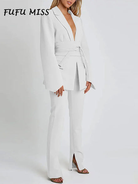 Elegant Trousers Suit Women Slim V-neck Pockets Blazer Full Sleeve Belt Straight Pants Sets Female Solid Sets Lady Spring Autumn