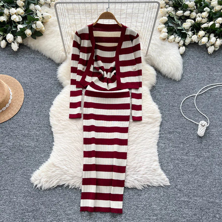 Dress Set Women Two Piece Sets Long Dresses Sling Vestidos Striped Sleeveless Elegant Streetwear Y2k Full Sleeve Tops Coats