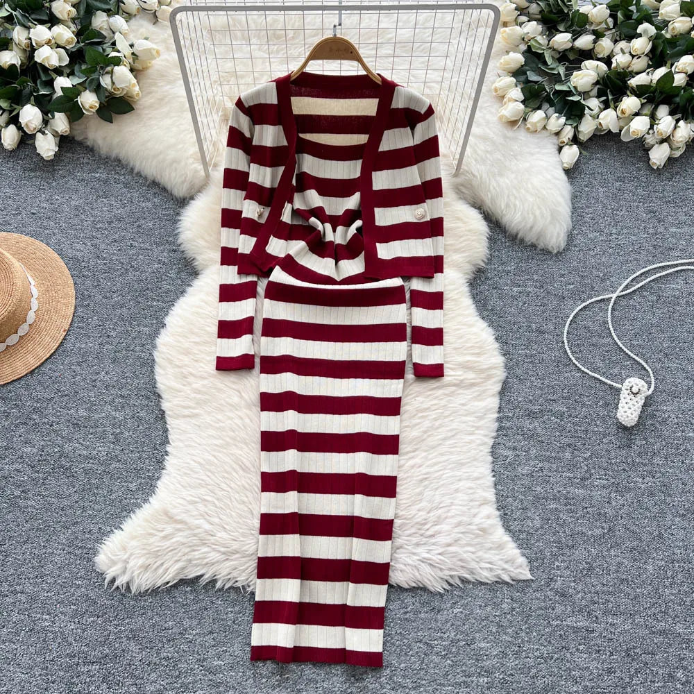 Dress Set Women Two Piece Sets Long Dresses Sling Vestidos Striped Sleeveless Elegant Streetwear Y2k Full Sleeve Tops Coats