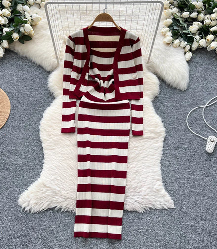 Dress Set Women Two Piece Sets Long Dresses Sling Vestidos Striped Sleeveless Elegant Streetwear Y2k Full Sleeve Tops Coats