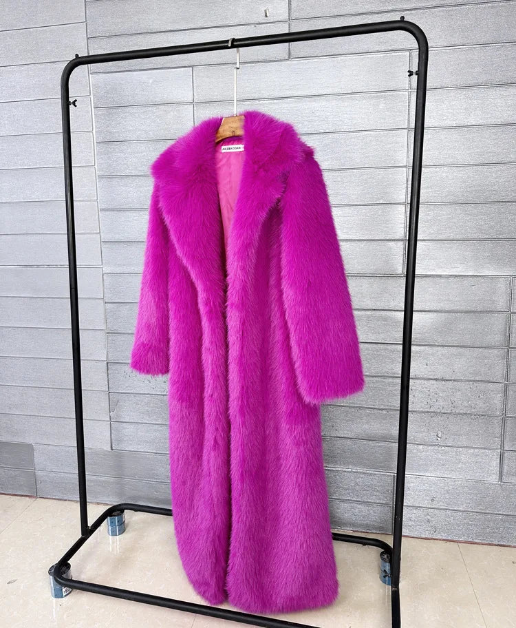 Long Faux Fur Coat Women Autumn Winter Large Jacket Overcoat White Turn Down Collar Pockets Thick Coat Warm Jackets Maxi Coats