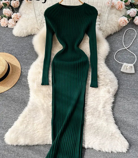 Women Knitted Dress O Neck Sexy Slim Elastic Oversized Basic Bodycon Long Dress Winter knit Warm Sweater Dresses