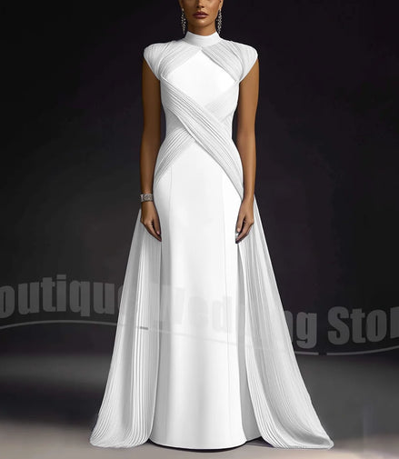 Evening Dresses for Women Fashion Pleated Draped Prom Gowns Slim Elegant High Collar Sleeveless Floor Length Party Dresses