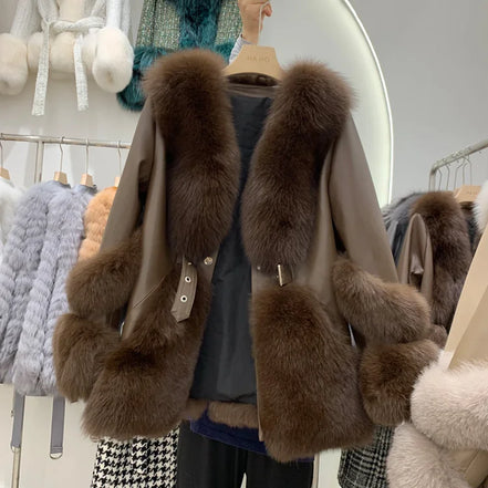 ZDFURS*Fox Fur Fur Coat Women's Mid-Length 2025  New Whole Leather Sheepskin Coat Fashionable Winter Slimming