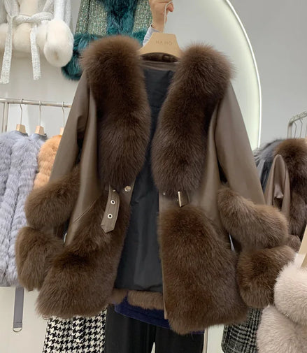 ZDFURS*Fox Fur Fur Coat Women's Mid-Length 2025  New Whole Leather Sheepskin Coat Fashionable Winter Slimming