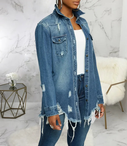 Women Jeans Jackets Spring Summer Ripped Denim Vintage Casual Denim Jacket Long Sleeve Female Chic Coat Streetwear 2024