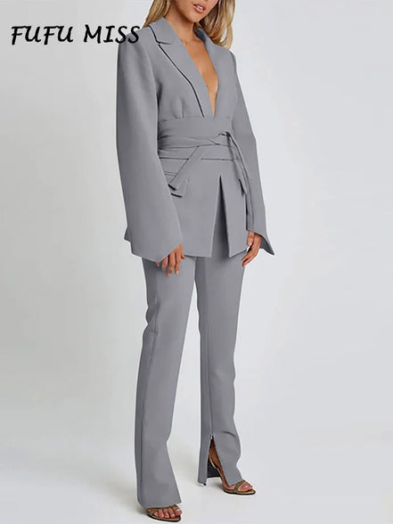 Elegant Trousers Suit Women Slim V-neck Pockets Blazer Full Sleeve Belt Straight Pants Sets Female Solid Sets Lady Spring Autumn