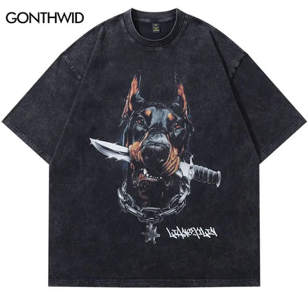 Vintage Oversized T-Shirts Streetwear Cartoon Doberman Dog knife Graphic Printed Black Tshirt Hip Hop Harajuku Punk Gothic Tops