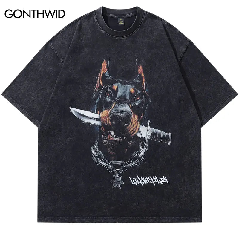 Vintage Oversized T-Shirts Streetwear Cartoon Doberman Dog knife Graphic Printed Black Tshirt Hip Hop Harajuku Punk Gothic Tops