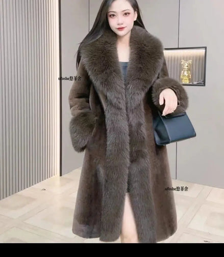 Faux Fur Coats Women Long Coat Thick Warm Turn Down Collar Open Stitch Spring Outerwear Jackets Elegant Splice Autumn Winter