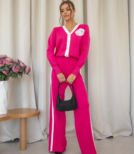 Loungewear Women Knitted Suit Casual Tracksuit Women Two Piece Set Embroidery Floral Knit Cardigan Pant Matching Sets Women 2024