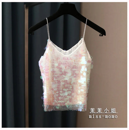 Fashion Women Sequined Tank Top New Sexy V Neck Strap Camis Club Girls Sequin Sleeveless Short Camisole Vest Tops SF792