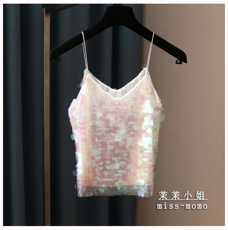 Fashion Women Sequined Tank Top New Sexy V Neck Strap Camis Club Girls Sequin Sleeveless Short Camisole Vest Tops SF792