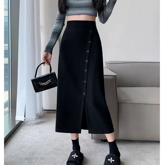 Fashion High Waist Slit Blazer Midi Skirt A Line Slim Fit Flattering