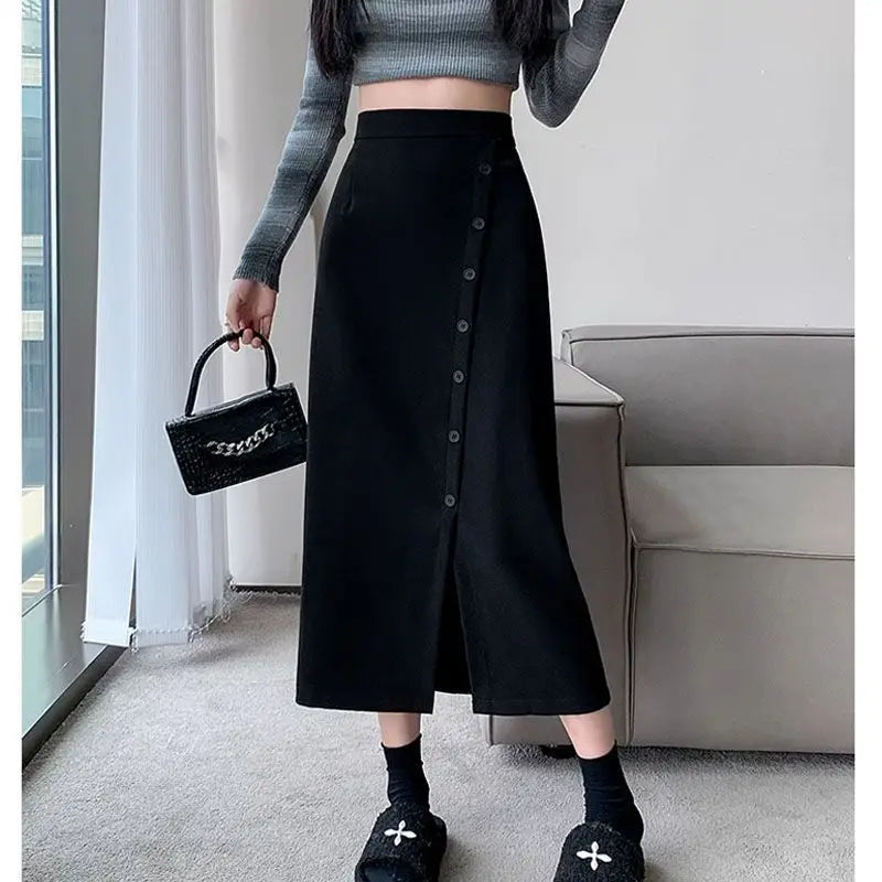 Fashion High Waist Slit Blazer Midi Skirt A Line Slim Fit Flattering