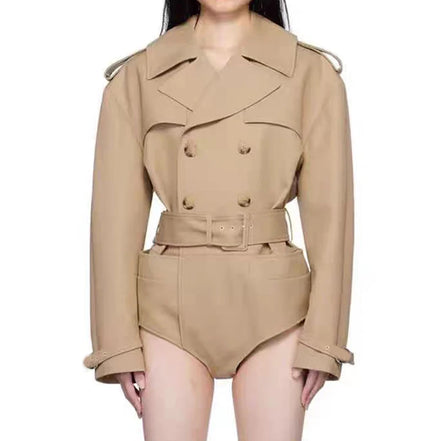 Women's jacket New outerwears summer 2025 double breasted lapel long sleeved top Belt slimming women's jumpsuit Pure cotton coat