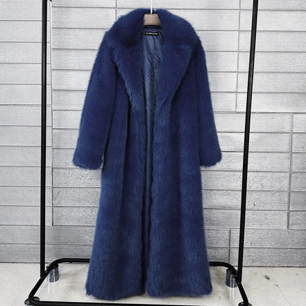 Long Faux Fur Coat Women Autumn Winter Large Jacket Overcoat White Turn Down Collar Pockets Thick Coat Warm Jackets Maxi Coats